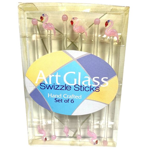 Handcrafted Art Glass Pink Flamingo Swizzle Sticks Cocktail Barware Set Of 6 - Picture 9 of 9